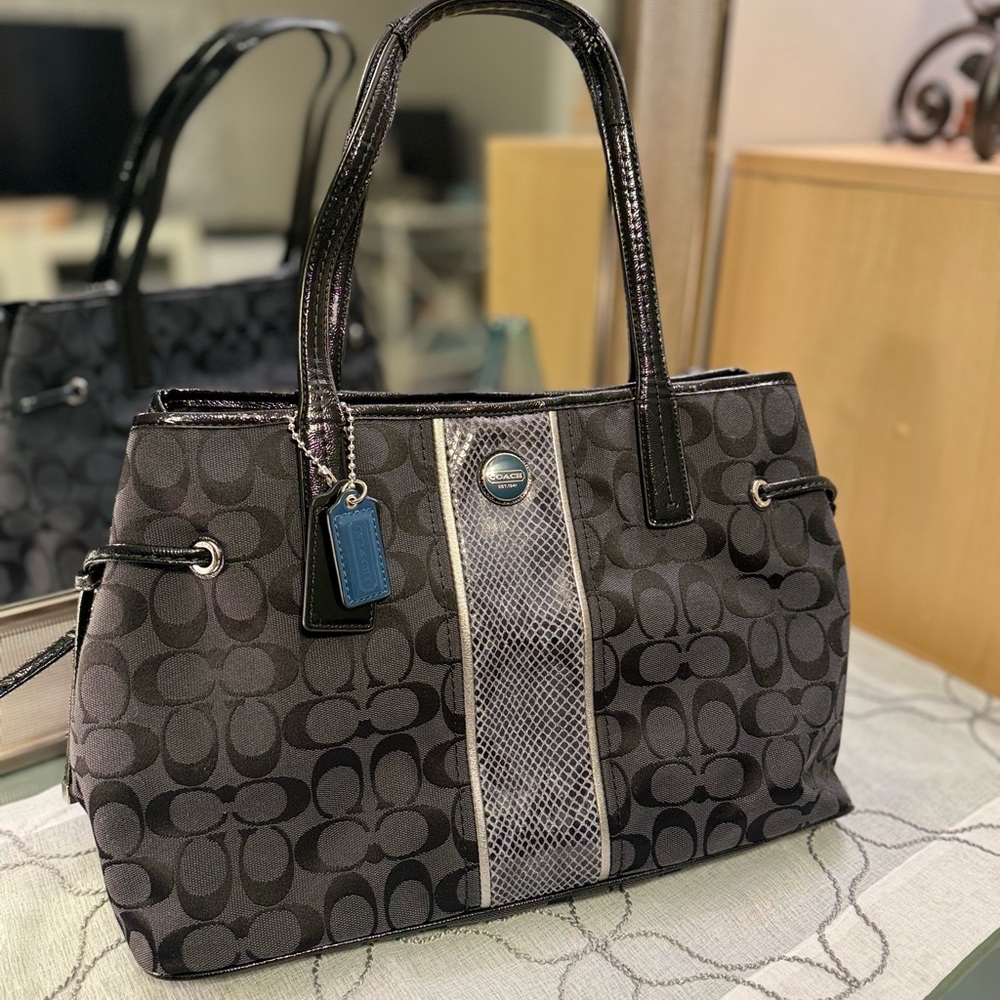 LIKE NEW SIGNATURE STRIPE PYTHON STRIPE CARRYALL (COACH F24882) Li